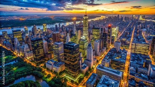 Aerial Night View of NYC Skyline & Central Park Illuminations - Stunning City Lights Panorama