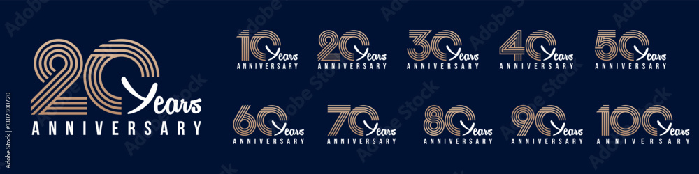 collection anniversary 10 to 100 year logo designs. abstract number for celebration event, wedding, greeting card, and invitation, vector illustration