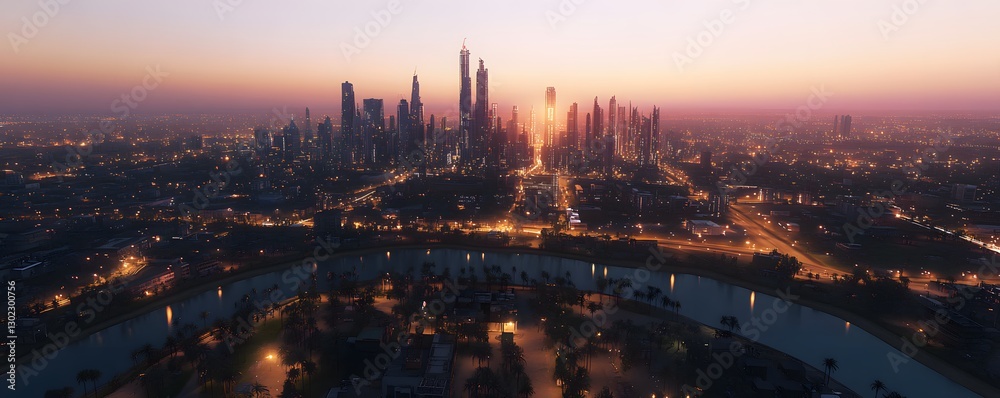 Naklejka premium Aerial view showcases a city skyline at sunset or sunrise