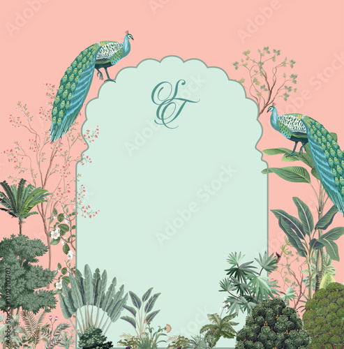 Traditional Mughal wedding card Design, Wedding invitation, Invitation card design, Birds, Peacock.