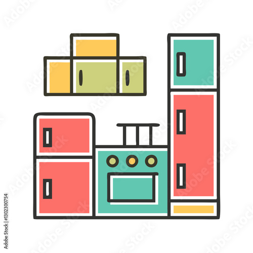 Colorful modern kitchen illustration in vibrant style on white background