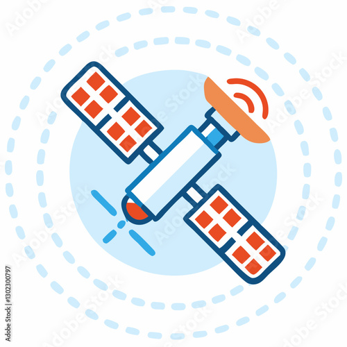 Colorful illustration of an orbital station with solar panels and communication signals, modern design, space technology theme