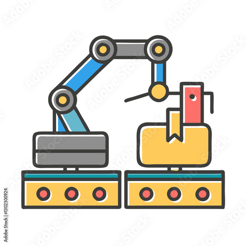 Colorful illustration of a robotic arm in a factory setting, modern design, industrial automation concept