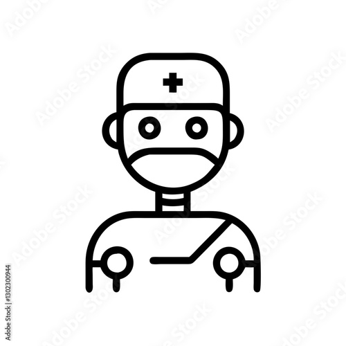 Robot surgeon character illustration in minimalist style featuring medical attire on white background