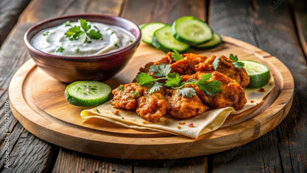 Spicy Indian chicken starter on a wooden platter with a side of cucumber raita and papadum, papadum, crispy, papadum, crispy Spicy Indian chicken starter on a wooden platter with a side of cucumber raita and papadum, papadum, crispy, papadum, crispy
