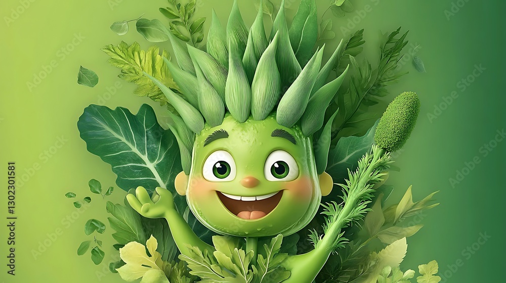 Fototapeta premium Joyful Green Character 3D Render: Vibrant Vegetable Illustration AI Generated