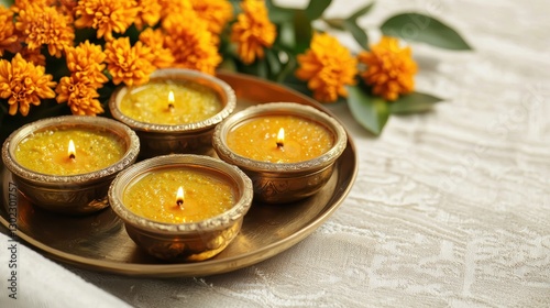 Diwali diyas on a tray with marigold flowers. Concept of Indian culture, Hindu festival of lights, and celebration.