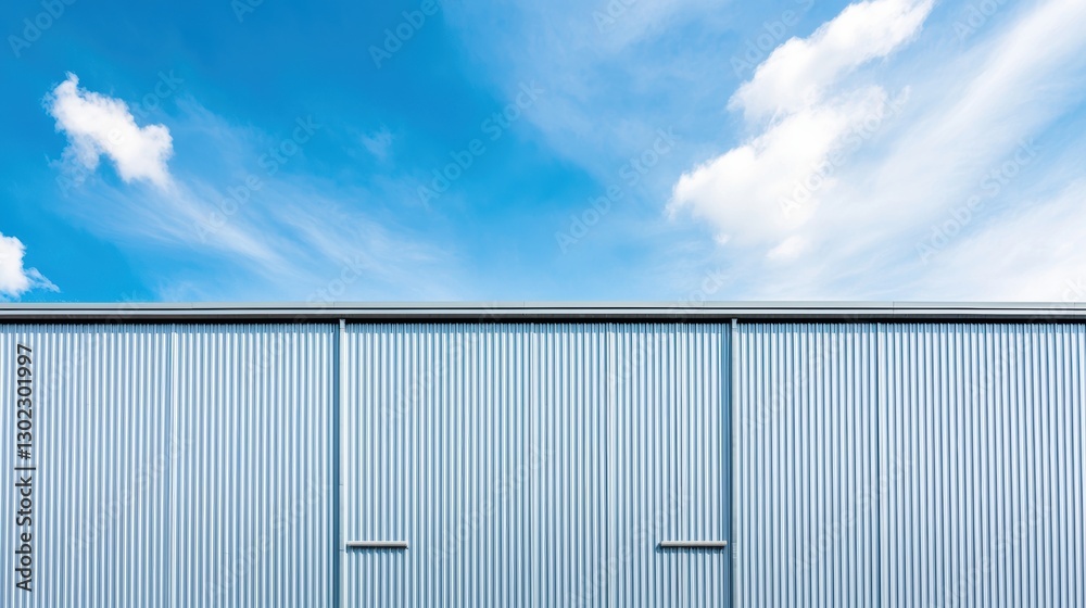 Metal wall with blue sky and clouds. Abstract background with corrugated metal sheet and sky. Metal wall with blue sky and clouds. Abstract background with corrugated metal sheet and sky.