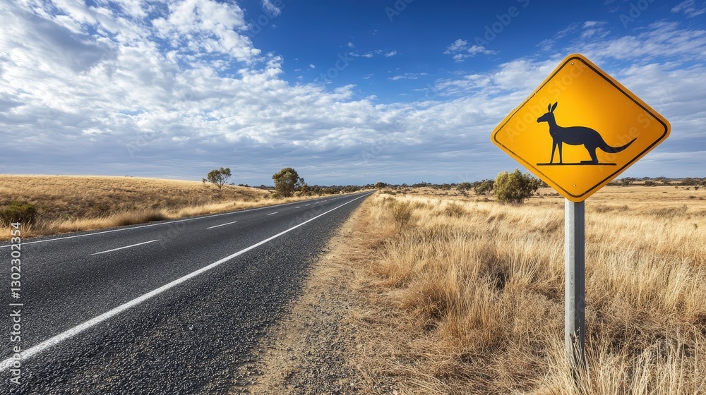 Right-facing yellow road sign featuring a kangaroo silhouette, bordered by an expansive open road to the left Right-facing yellow road sign featuring a kangaroo silhouette, bordered by an expansive open road to the left
