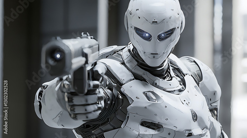 A robot is holding a gun and has a menacing look on its face