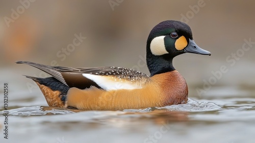 A male Hottentot teal swimming in the water. The Hottentot teal is a small dabbling duck. photo