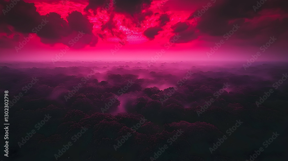 Naklejka premium Aerial view of misty forest at dramatic sunrise, pink cloudscape, atmospheric mood, fantasy art