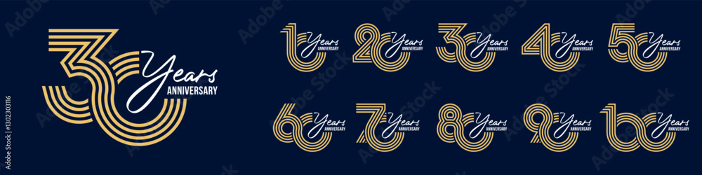 collection anniversary 10 to 100 year logo designs. abstract number for celebration event, wedding, greeting card, and invitation, vector illustration collection anniversary 10 to 100 year logo designs. abstract number for celebration event, wedding, greeting card, and invitation, vector illustration