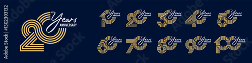 collection anniversary 10 to 100 year logo designs. abstract number for celebration event, wedding, greeting card, and invitation, vector illustration