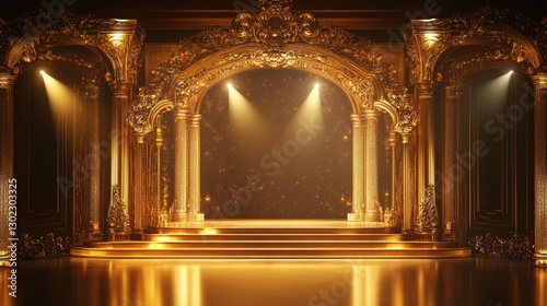Ornate golden archway with stage, spotlights illuminate a grand, luxurious setting. Perfect for award shows, product launches, or luxury brand promotions.