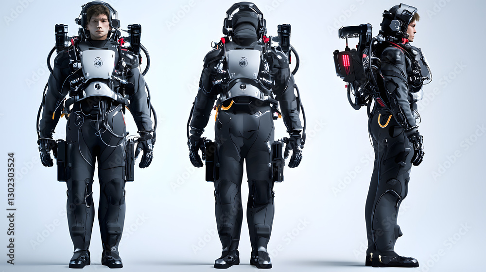 Fototapeta premium Three men in space suits are shown in different poses