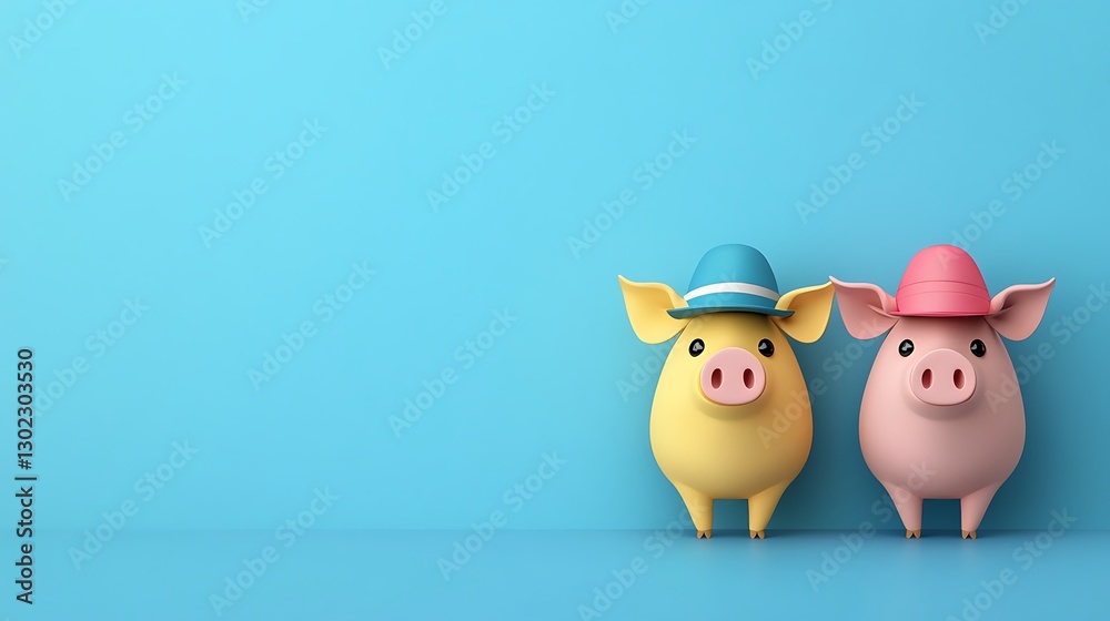 Obraz premium Adorable 3D Render of Two Pigs in Hats Against a Blue Background AI Generated