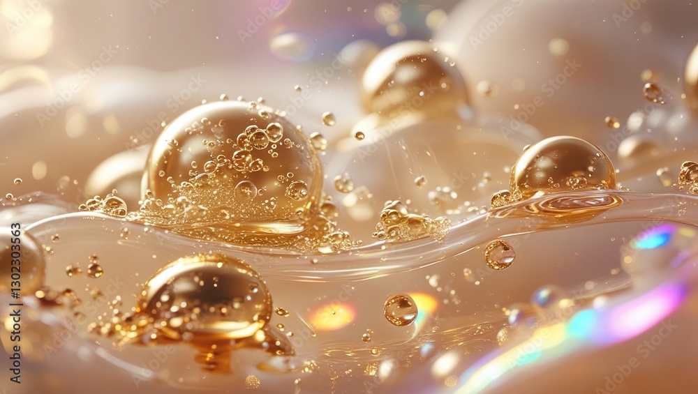 Fototapeta premium Sparkling Oil Drops on Glossy Surface with Warm Light