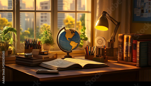 Sunrise study room with globe, books and plants.  Possible use Education, inspiration photo
