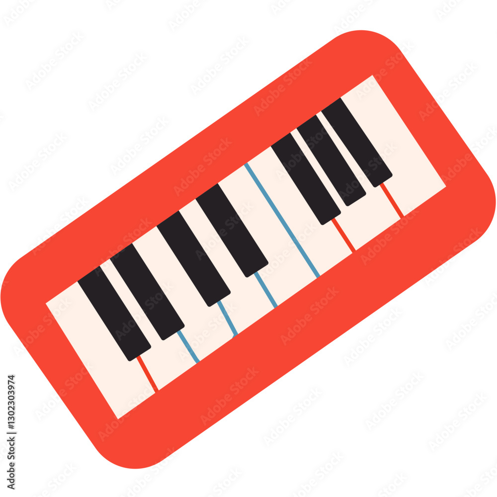 Fototapeta premium This image is an illustration of a colorful electronic keyboard or synthesizer. The keyboard features a red body with a red panel on top, which includes three circular buttons