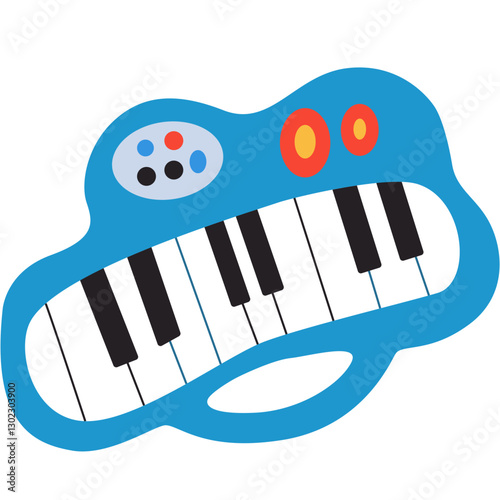 A colorful cartoon-style toy keyboard with black and white keys, blue body, and interactive buttons. Perfect for children's music education, digital illustrations, and playful designs.




