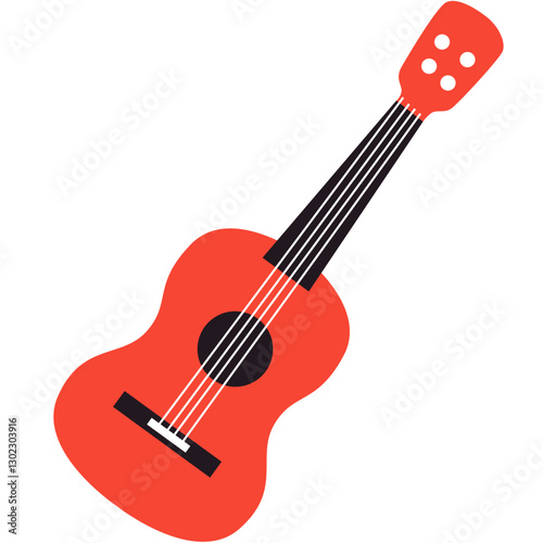 This image depicts a red acoustic guitar with a black neck and headstock. The guitar has four strings, a circular soundhole, and white tuning pegs. The body of the guitar is red, and the bridge is bla
