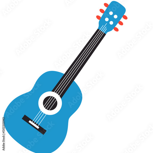This image features a blue acoustic guitar with a simple and clean design. The guitar has six strings, a round soundhole, and a black bridge. 