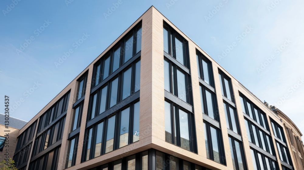 Modern office building with glass windows against a blue sky. Architecture and urban landscape concept. Modern office building with glass windows against a blue sky. Architecture and urban landscape concept.