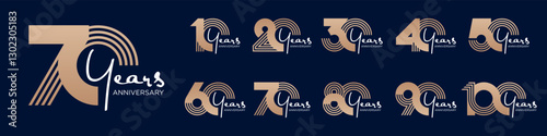 collection anniversary 10 to 100 year logo designs. abstract number for celebration event, wedding, greeting card, and invitation, vector illustration
