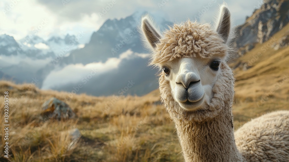 Obraz premium Close-Up of Alpaca in Scenic Mountain Landscape with Clouds