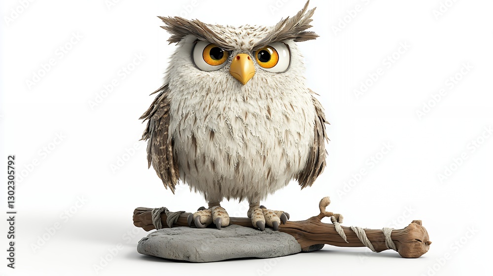 Naklejka premium Grumpy Fluffy Owl Perched on Branch