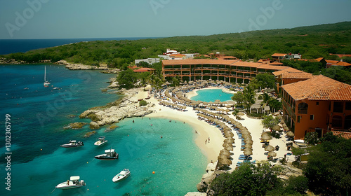 Coastal Resort Aerial Turquoise Bay, Beach Relaxation, Luxury Hotel, Sunny Day, Boats, Green Hills