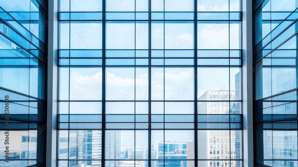 Modern architecture with glass windows and a view of the city skyline. Concept of business, architecture, and design. Modern architecture with glass windows and a view of the city skyline. Concept of business, architecture, and design.