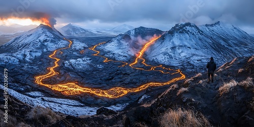 Spectacular volcanic eruption and lava flow in Iceland during twilight