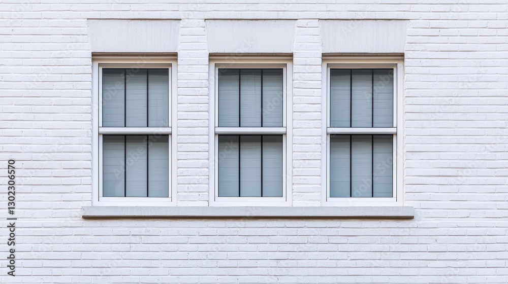 Three white windows on a white brick building. Three white windows on a white brick building.