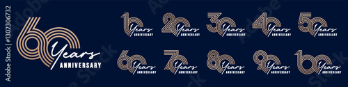 collection anniversary 10 to 100 year logo designs. abstract number for celebration event, wedding, greeting card, and invitation, vector illustration