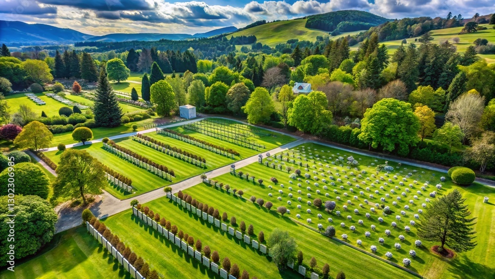 Fototapeta premium Aerial View of a Tranquil Closed War Cemetery in Strathpeffer, Scotland