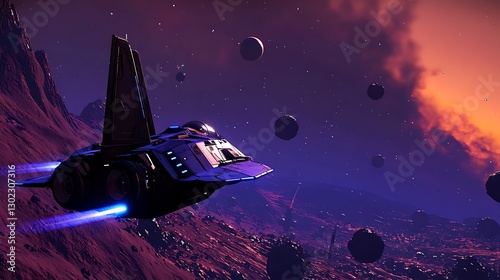 Futuristic spaceship soaring above an alien world with vibrant skies