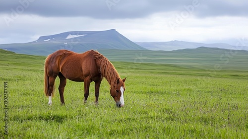 A horse grazes in a green field with mountains in the background. Concept of nature, animals, and wildlife.
