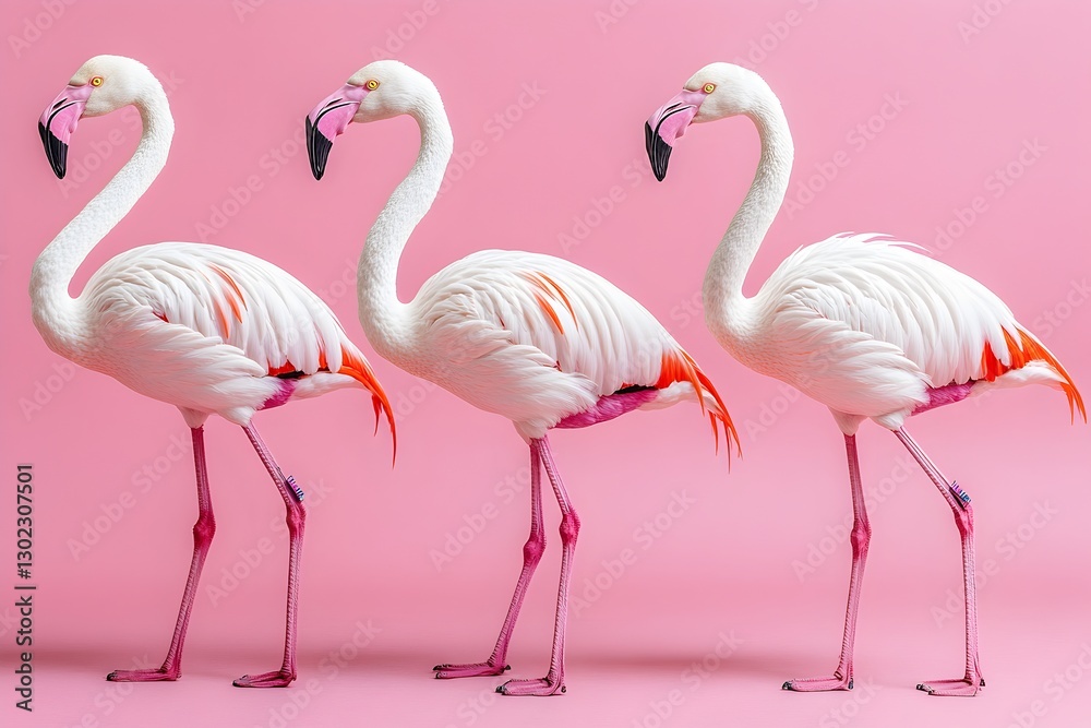 Obraz premium Trio of elegant flamingos standing gracefully in a row against a soft background
