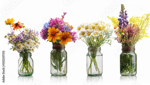Colorful wildflower bouquets in rustic glass jars 