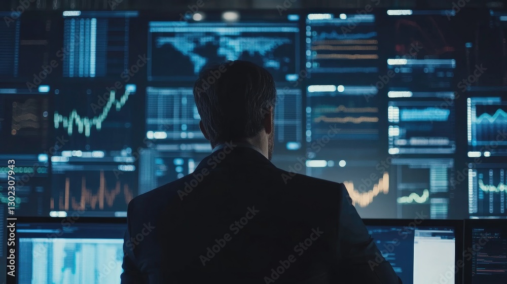 Analyzing Global Market Data, A Businessman Reviews Financial Charts on Multiple Screens in a Dark Room Analyzing Global Market Data, A Businessman Reviews Financial Charts on Multiple Screens in a Dark Room