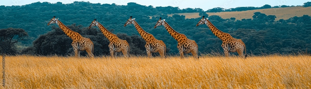 Obraz premium Giraffes grazing in a tranquil savannah africa wildlife photography natural landscape wide angle serenity