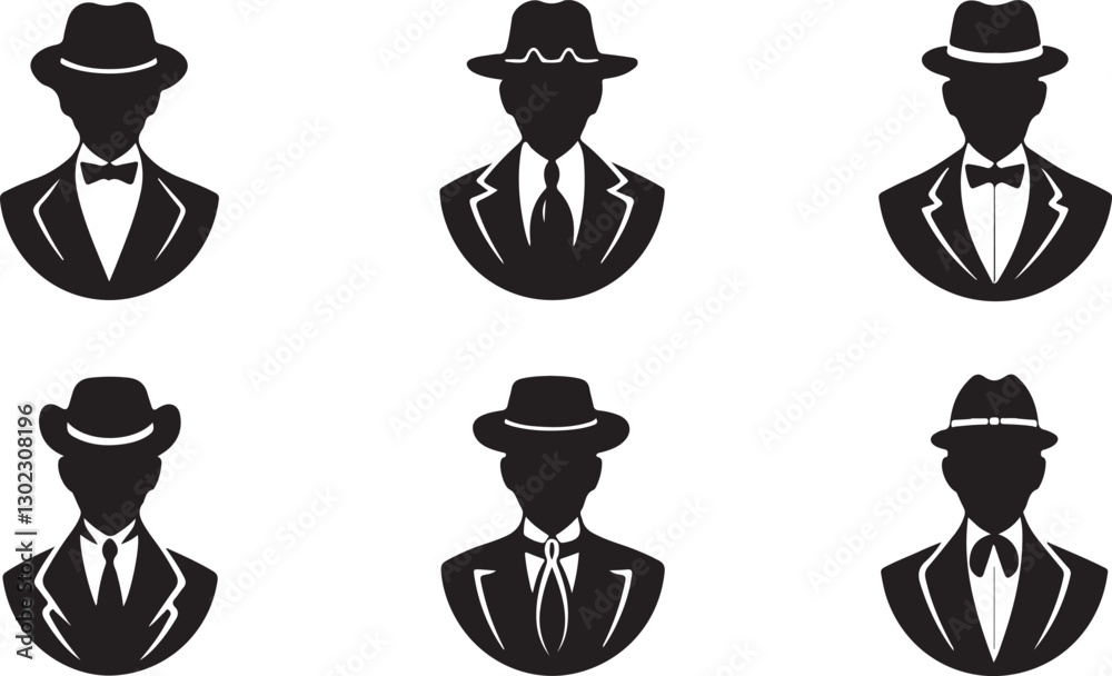 Gentlemen in vintage suits and hats vector silhouettes representing classic men fashion