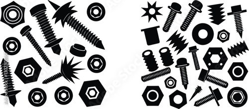 Set of screws, bolts, washers and nuts vector silhouette tools for mechanical parts