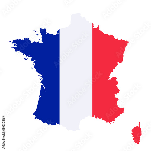 France map of national flag colors isolated on white background. Country border, blank contour, flat design. Vector clipart for banner backdrop, french events, politic and travel illustration.