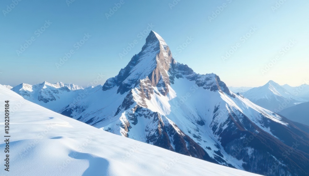 A solitary mountain peak rising above snowy peaks, serene solitude, frozen landscape, cold climate A solitary mountain peak rising above snowy peaks, serene solitude, frozen landscape, cold climate