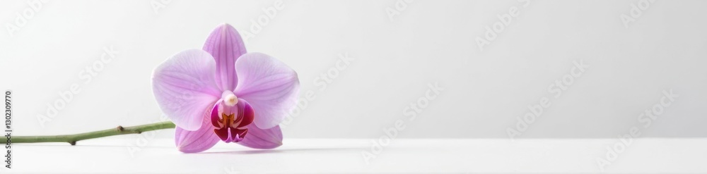 Single blooming orchid on a minimalist white surface, white background, single stem