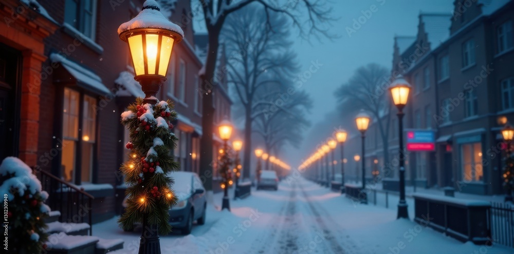 Fototapeta premium Snow-covered streetlight with festive garland and sparkling lights, wintry, lights