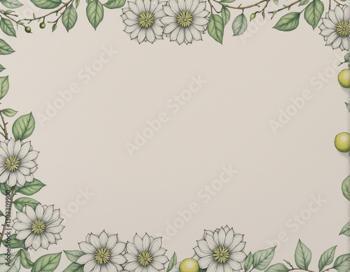 A beautifully illustrated floral frame featuring delicate white flowers and green leaves on a soft, neutral background.